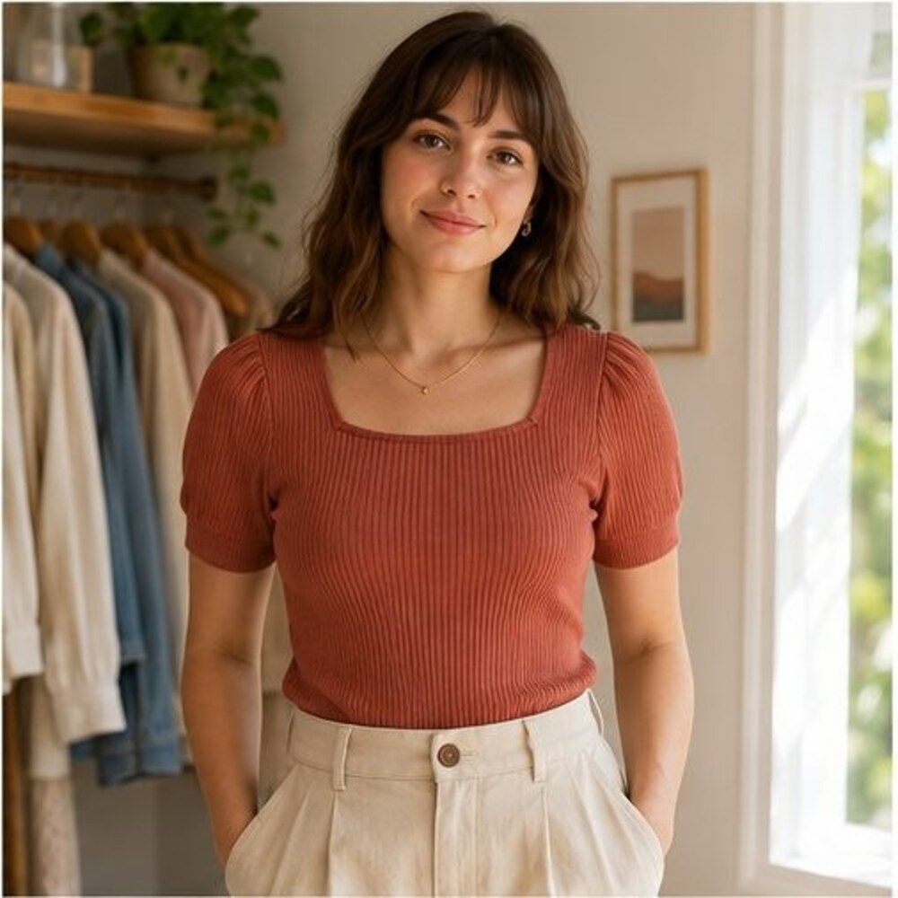 Terracotta Ribbed Square Neck Top - Picture 2 of 6